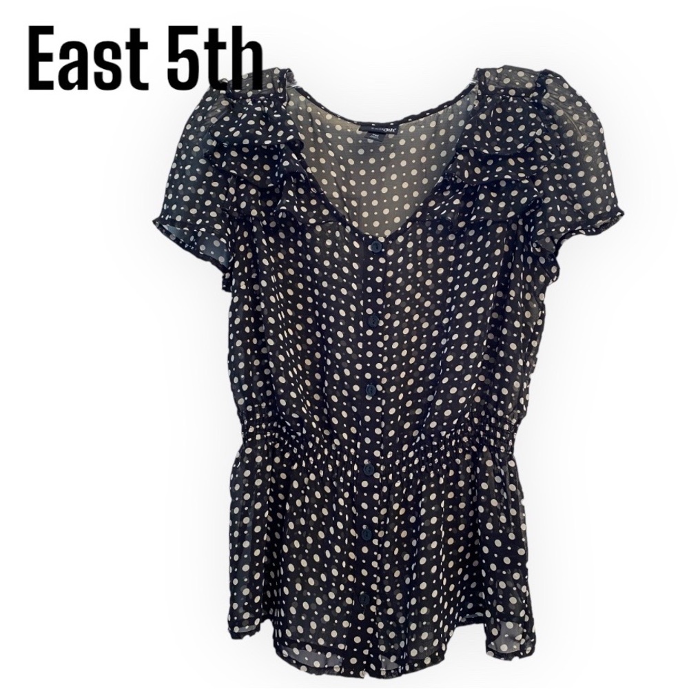 East 5th Black & White Polka dot Button up Ruffle blouse MP
